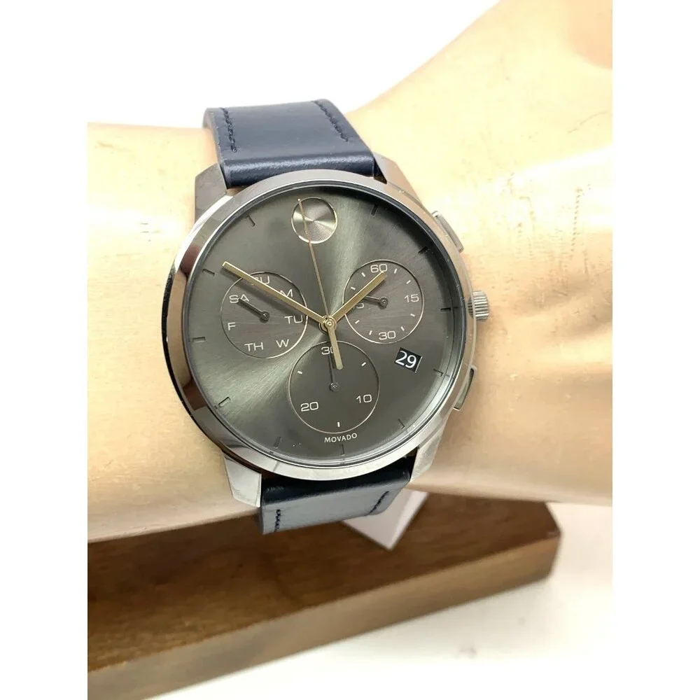 Movado Men's Watch 3600720 Swiss Quartz Chronograph Gray Dial Leather Band 42mm
